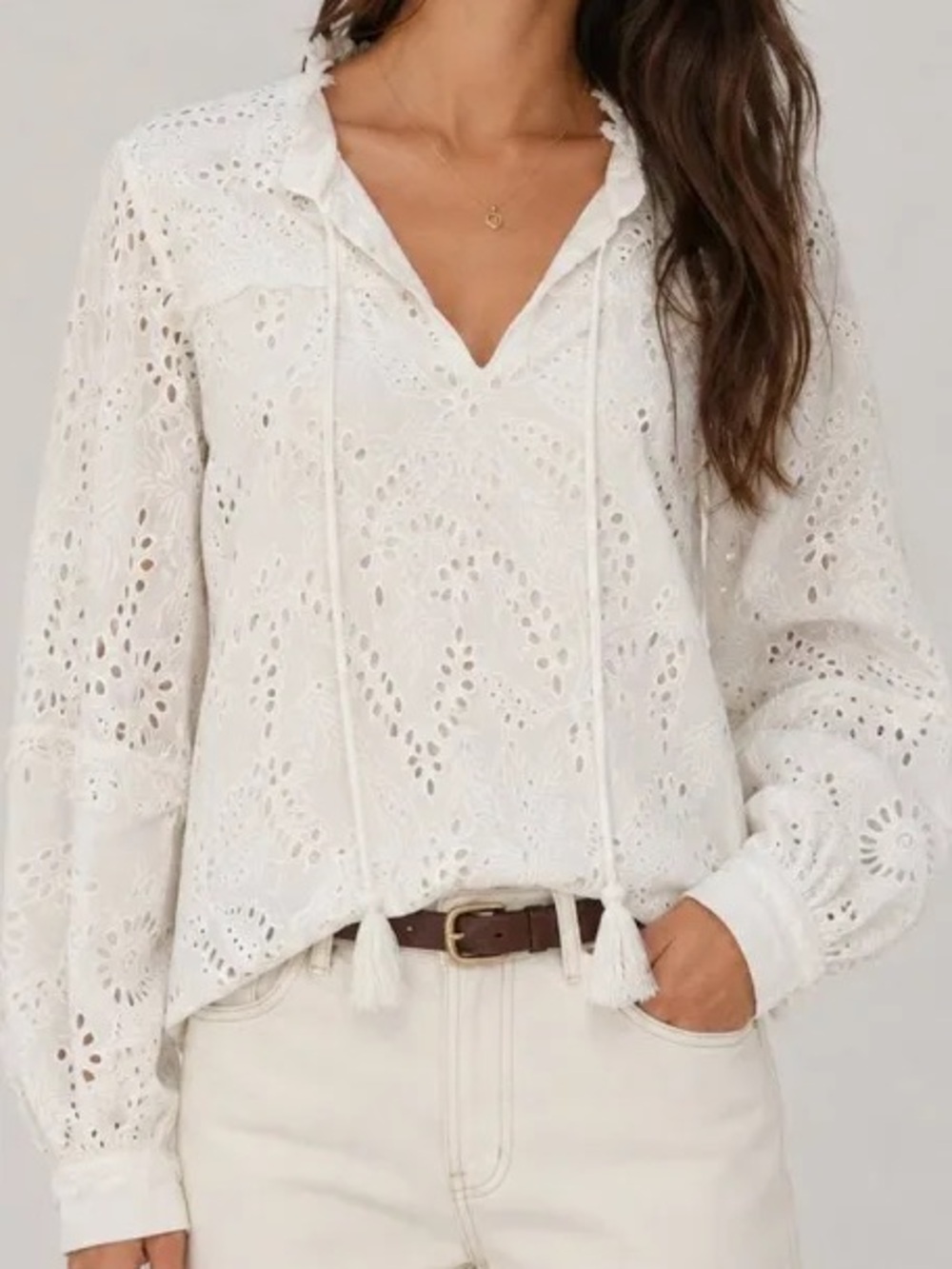 Kobi Halperin White Eyelet Lace Peasant Blouse | Size S